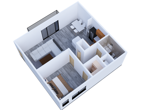 Floor plan for 1 bed, 1 bath, 714 sqft